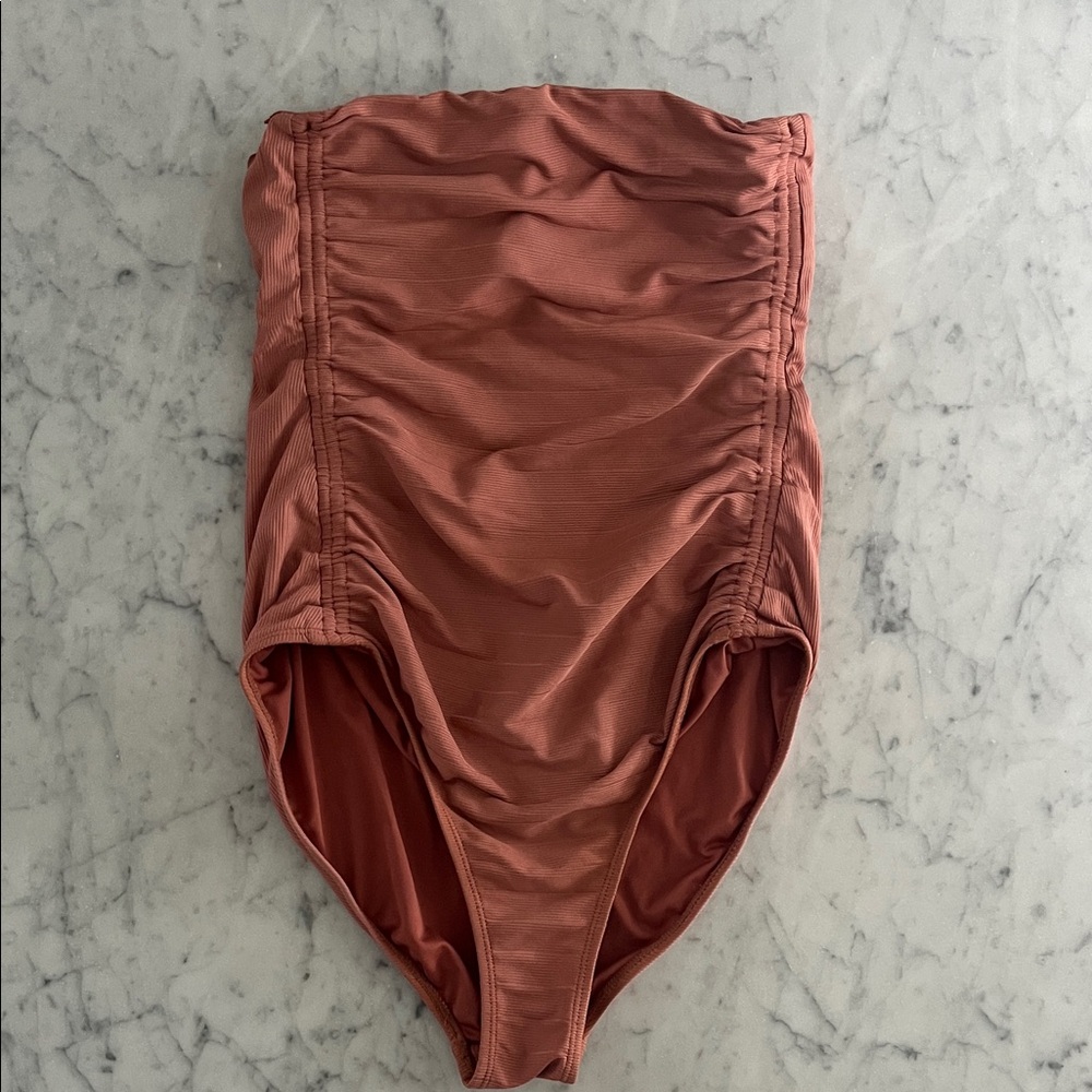 Simons Rusty Rose High-Waist Ruched Bikini Bottom